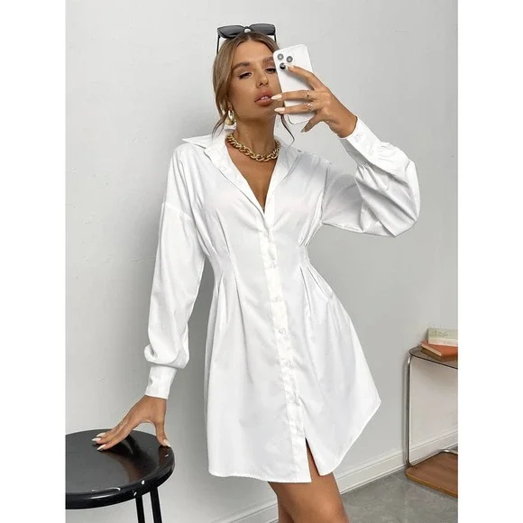 long sleeve Ruched Drop Shoulder Shirt Dress black - Picture 3 of 7